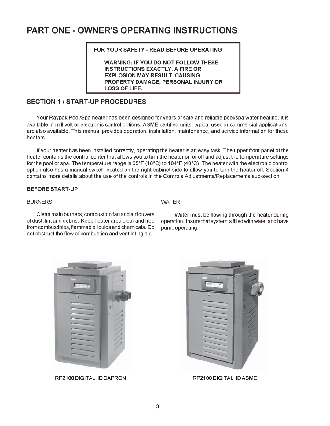 Raypak P-R405A START-UP Procedures, Before START-UP, Burners, Water, RP2100 Digital IID CAPRONRP2100 Digital IID Asme 