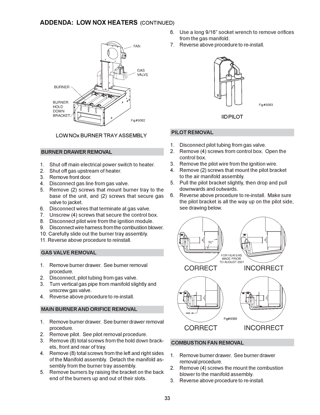 Raypak RP2100, P-R405A, C-R185A Burner Drawer Removal, GAS Valve Removal, Main Burner and Orifice Removal, Pilot Removal 