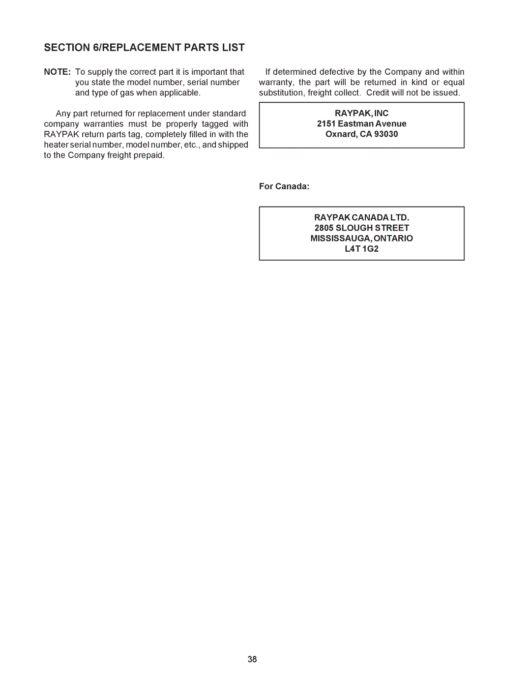 Raypak C-R185A, RP2100, P-R405A operating instructions Replacement Parts List, Raypak,Inc 