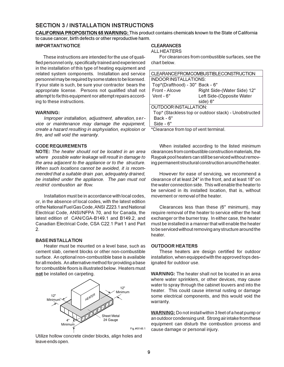 Raypak RP2100, P-R405A, C-R185A operating instructions Installation Instructions 