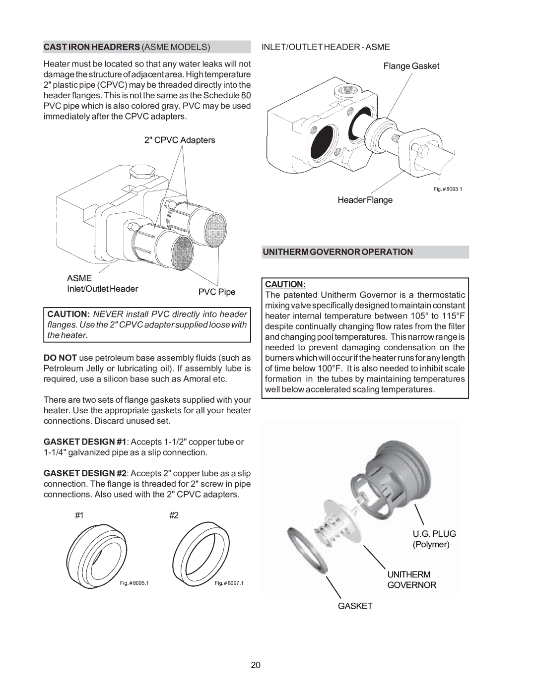 Raypak RP2100 operating instructions Cast Iron Headrers Asme Models, Unitherm Governor Operation 