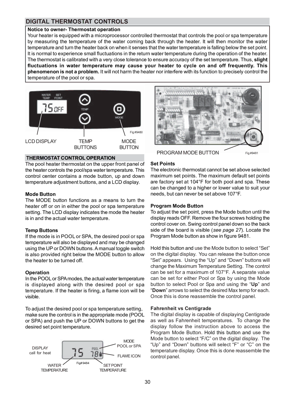 Raypak RP2100 operating instructions Digital Thermostat Controls, Thermostat Control Operation, Fahrenheit vs Centigrade 