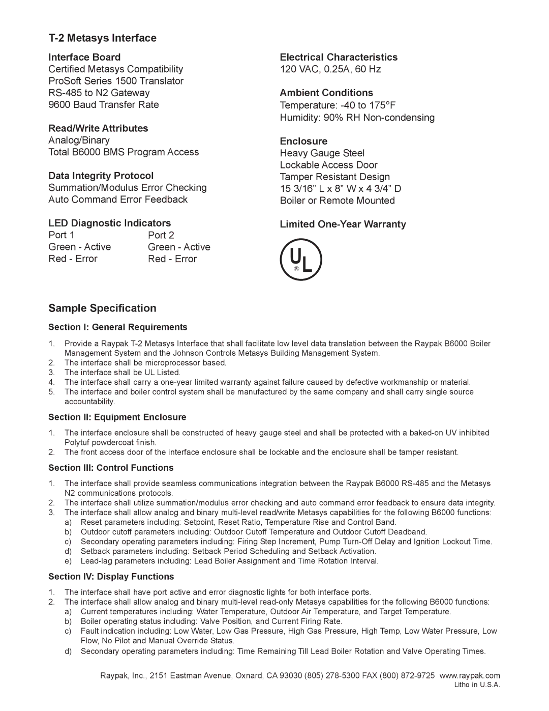 Raypak T-2 manual Metasys Interface, Sample Specification 