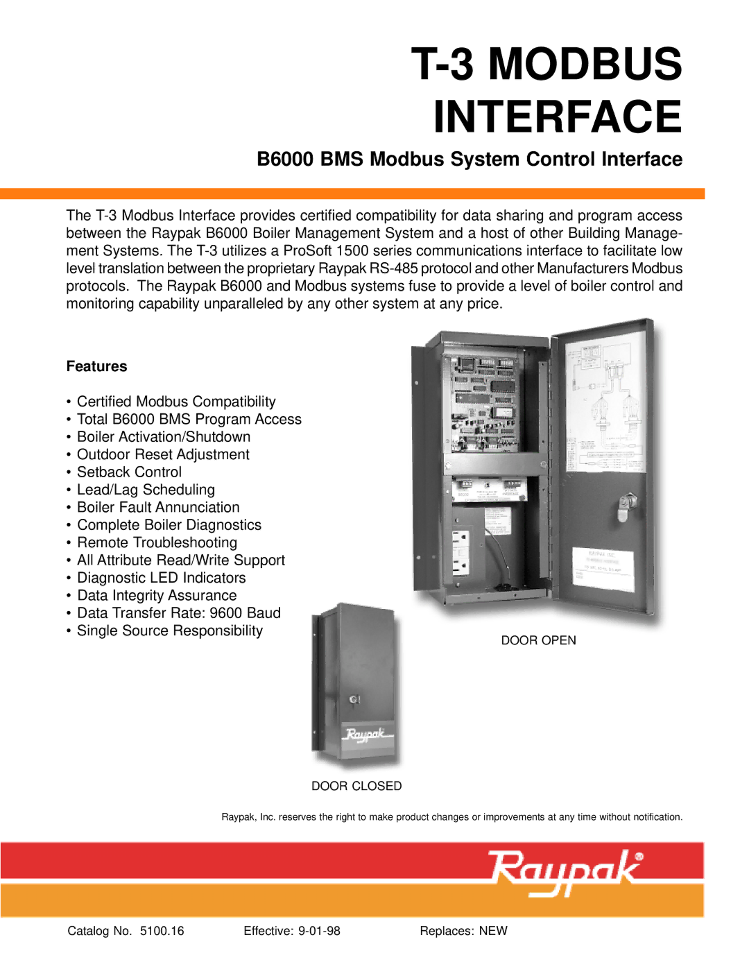 Raypak T-3 manual Modbus Interface, Features 