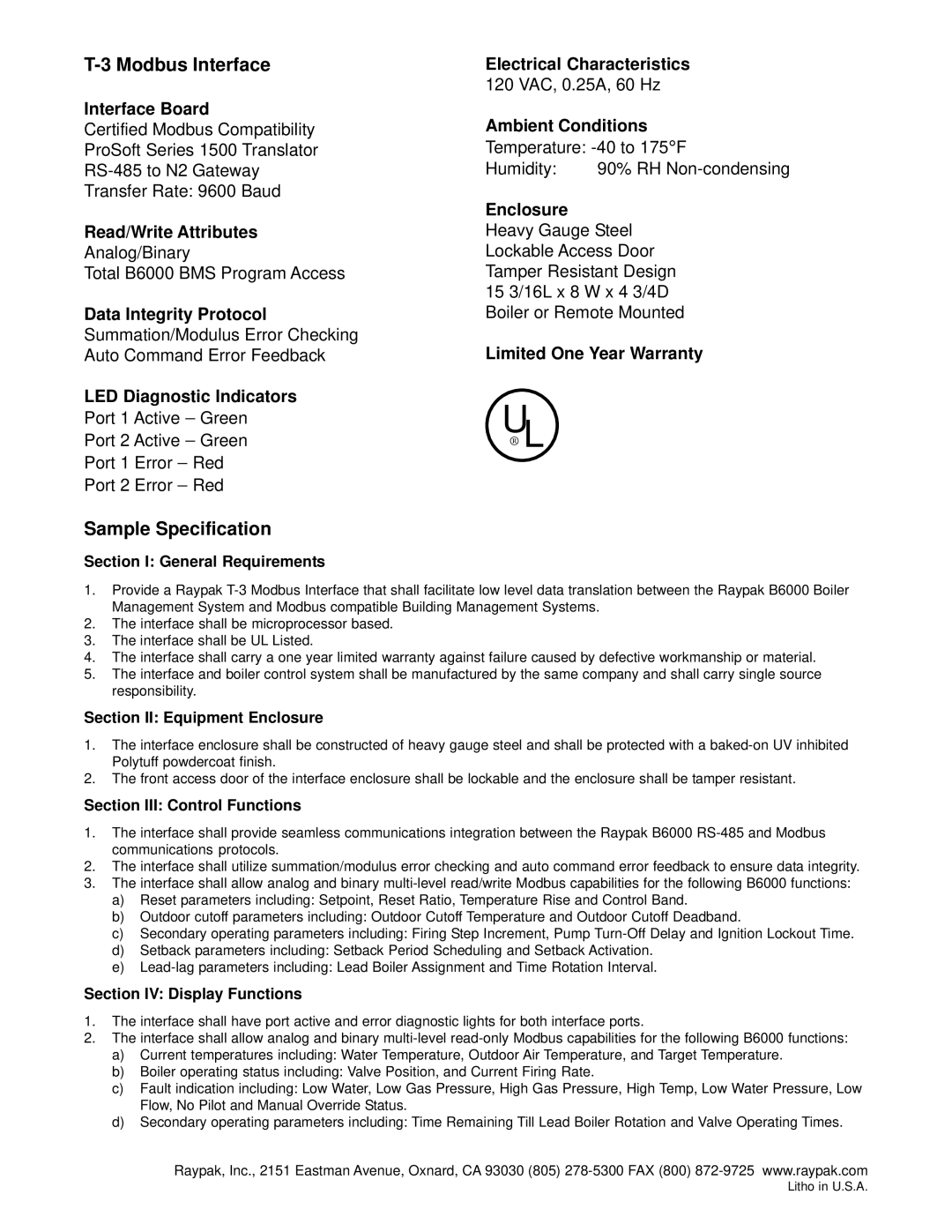 Raypak T-3 manual Modbus Interface, Sample Specification 