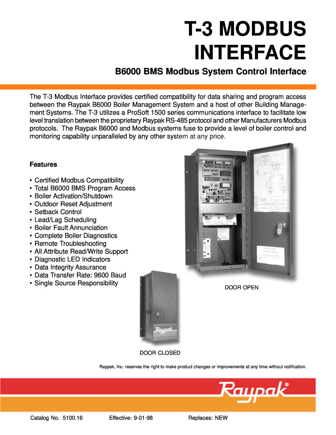 Raypak manual Features, T-3 MODBUS INTERFACE, B6000 BMS Modbus System Control Interface 