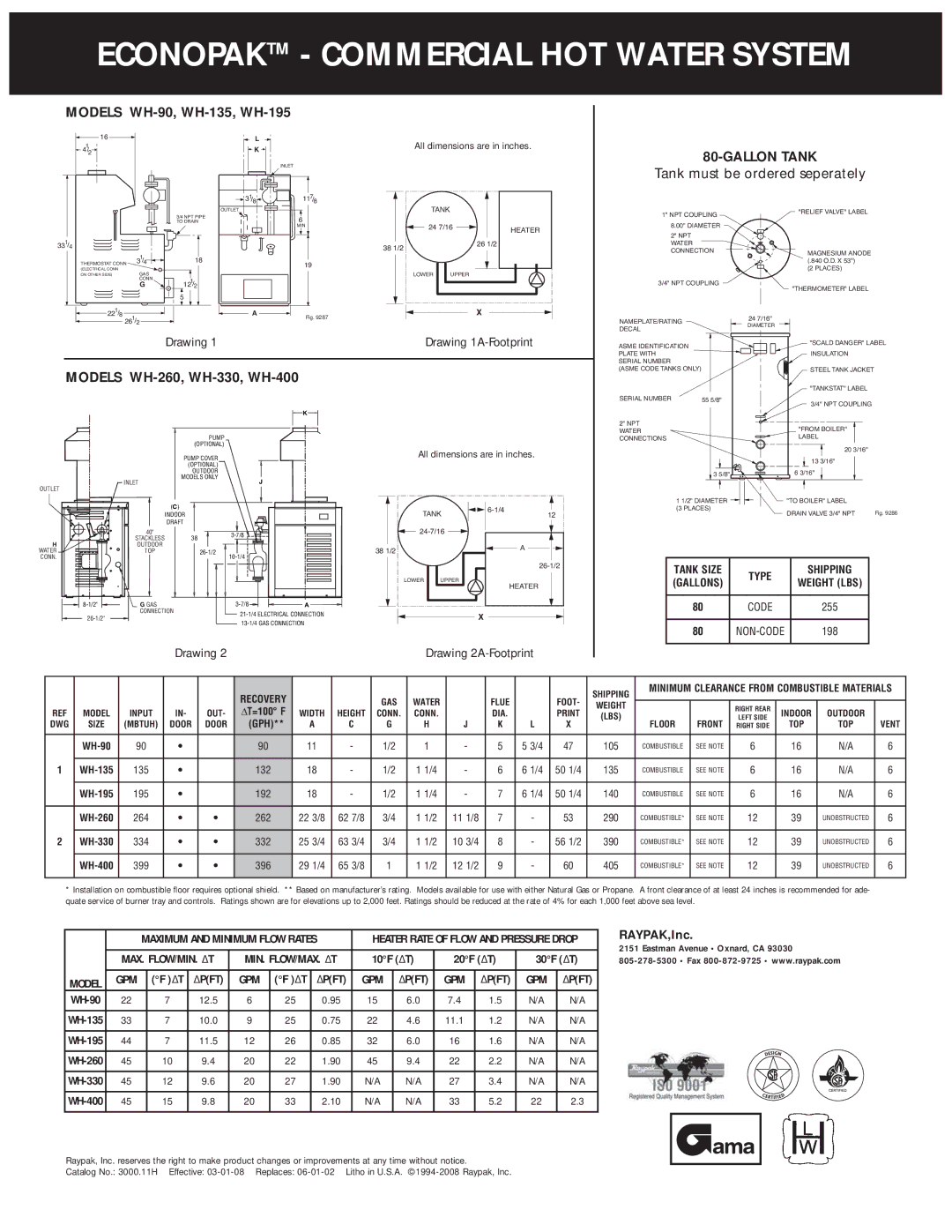 Raypak warranty Models WH-90, WH-135, WH-195, Models WH-260, WH-330, WH-400, Gph, 10F ΔT 20F ΔT 30F ΔT 