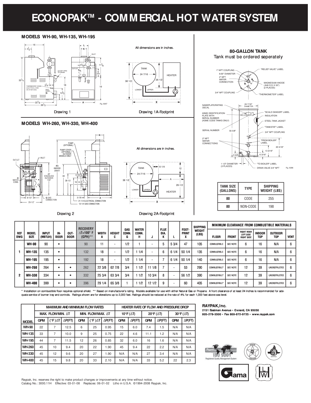 Raypak warranty Econopaktm - Commercial Hot Water System, MODELS WH-90, WH-135, WH-195, Gallontank, Drawing, RAYPAK,Inc 