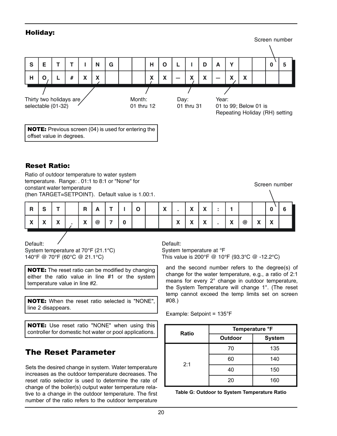 Raypak Y-200 manual Reset Parameter, Holiday, Reset Ratio, T T I N G 