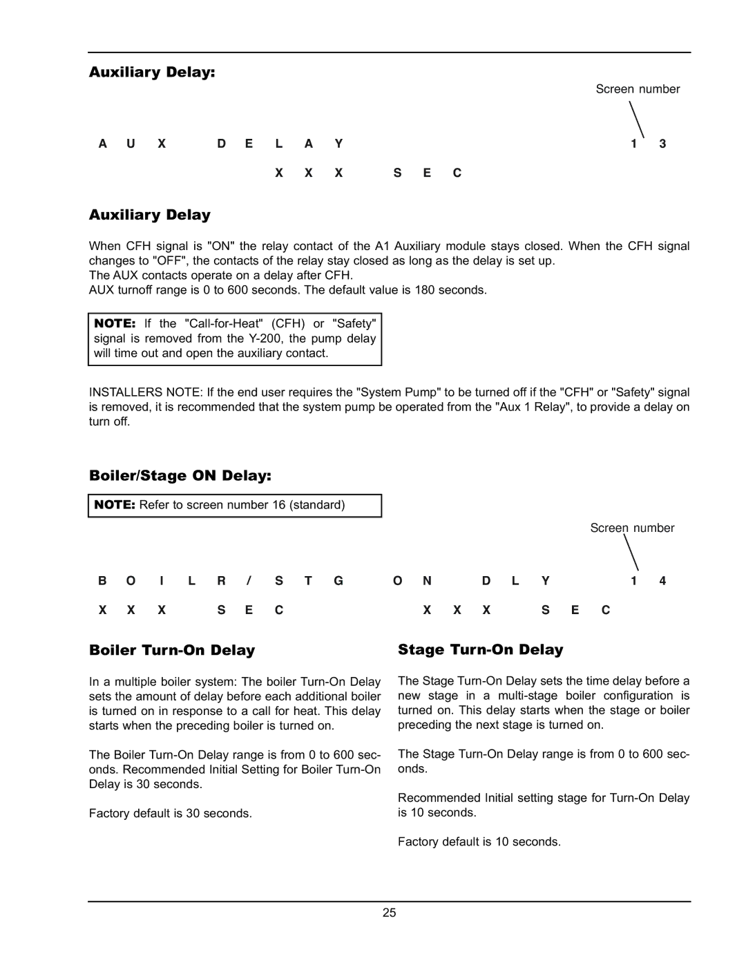 Raypak Y-200 manual Auxiliary Delay, Boiler/Stage on Delay, Boiler Turn-On Delay, Stage Turn-On Delay, X S E C 