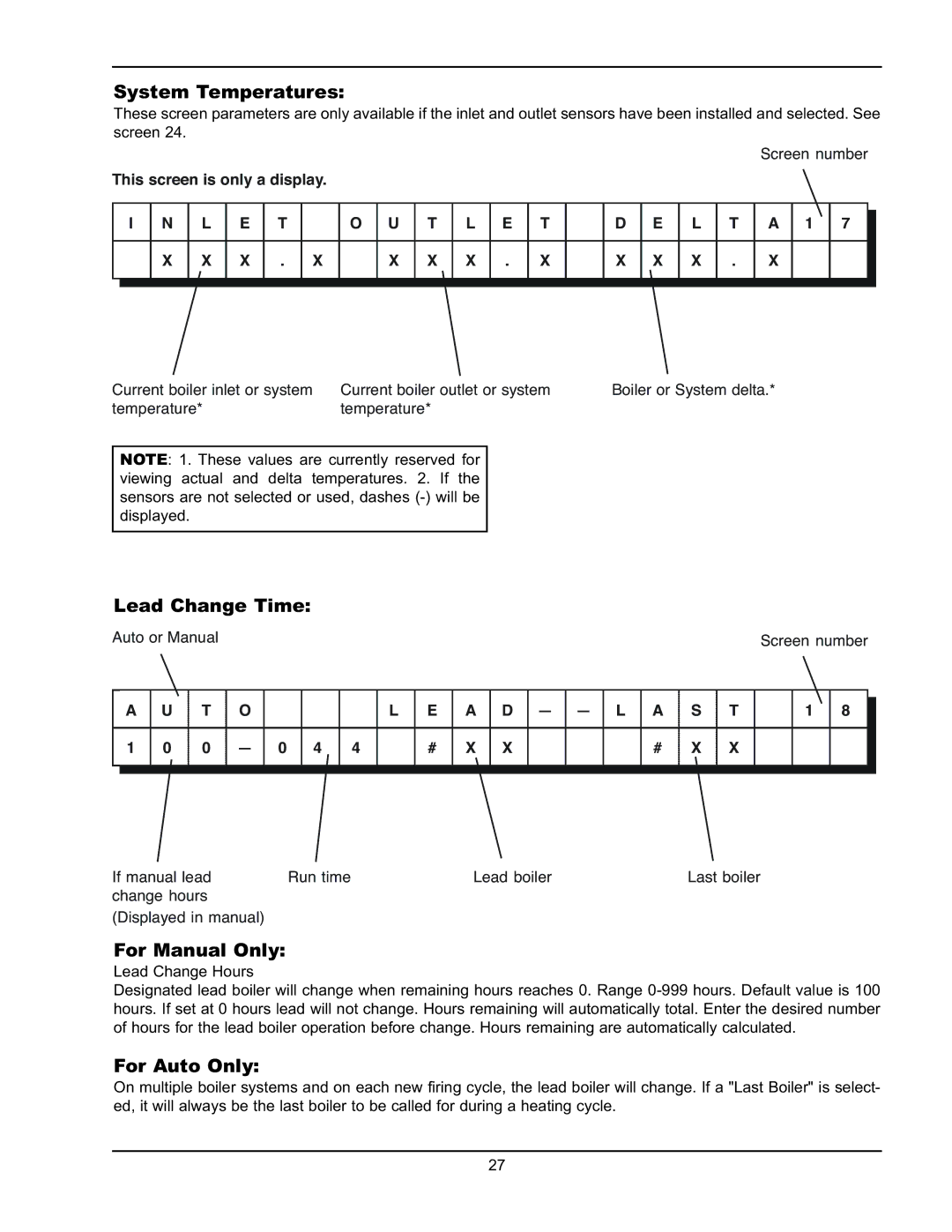 Raypak Y-200 manual Lead Change Time, For Manual Only, For Auto Only, A D 