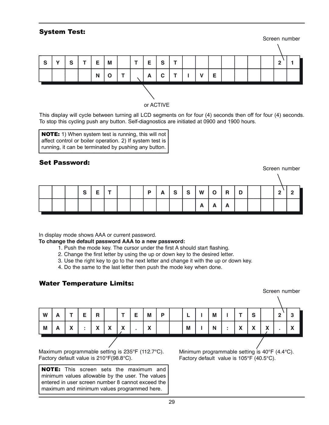 Raypak Y-200 manual System Test, Set Password, Water Temperature Limits, S T E 