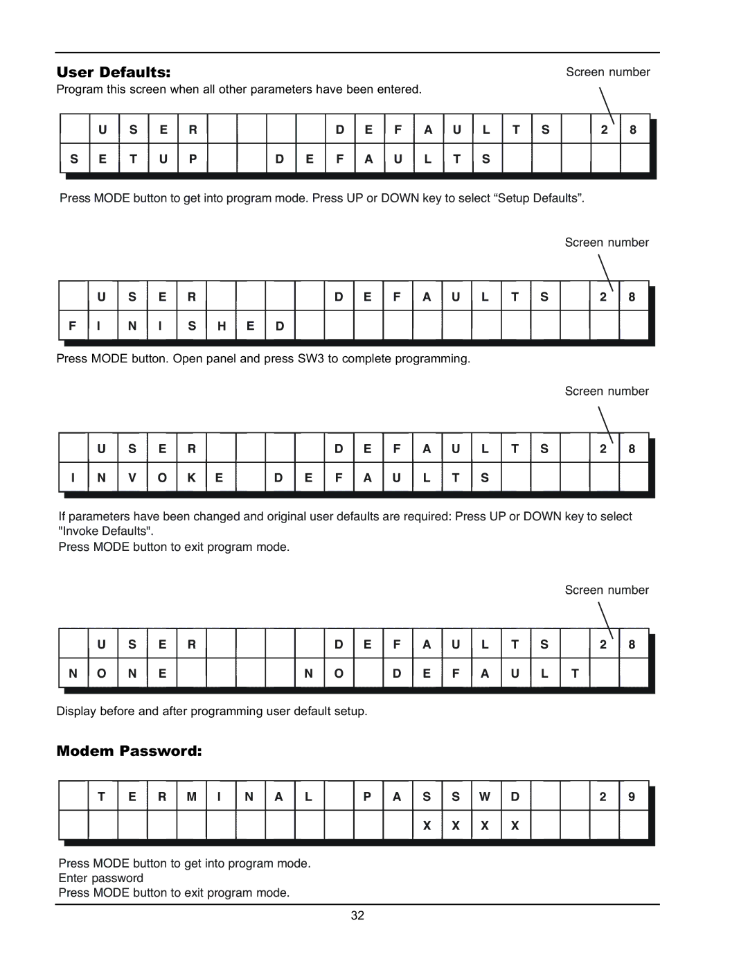 Raypak Y-200 manual User Defaults, Modem Password 