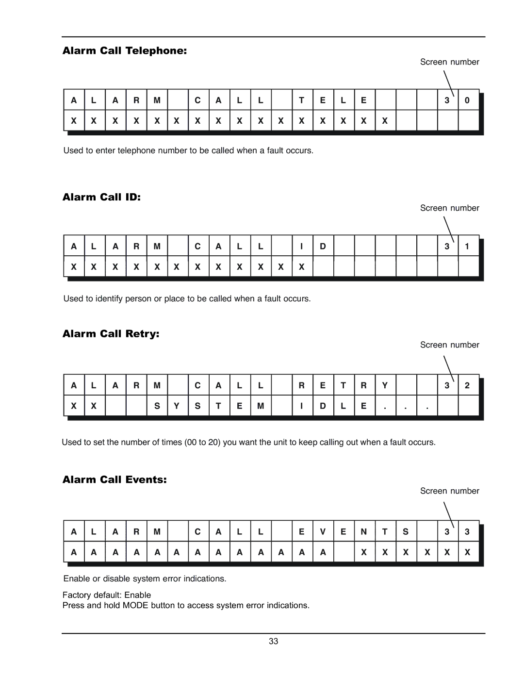 Raypak Y-200 manual Alarm Call Telephone, Alarm Call ID, Alarm Call Retry, Alarm Call Events 