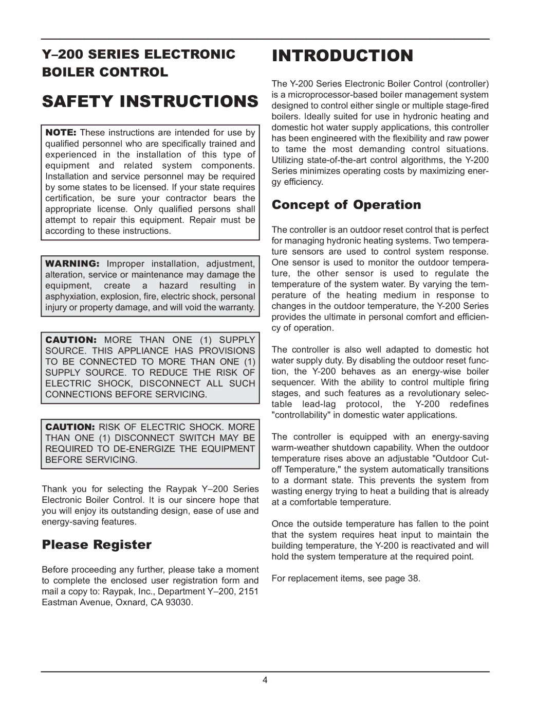 Raypak Y-200 manual Please Register, Concept of Operation 