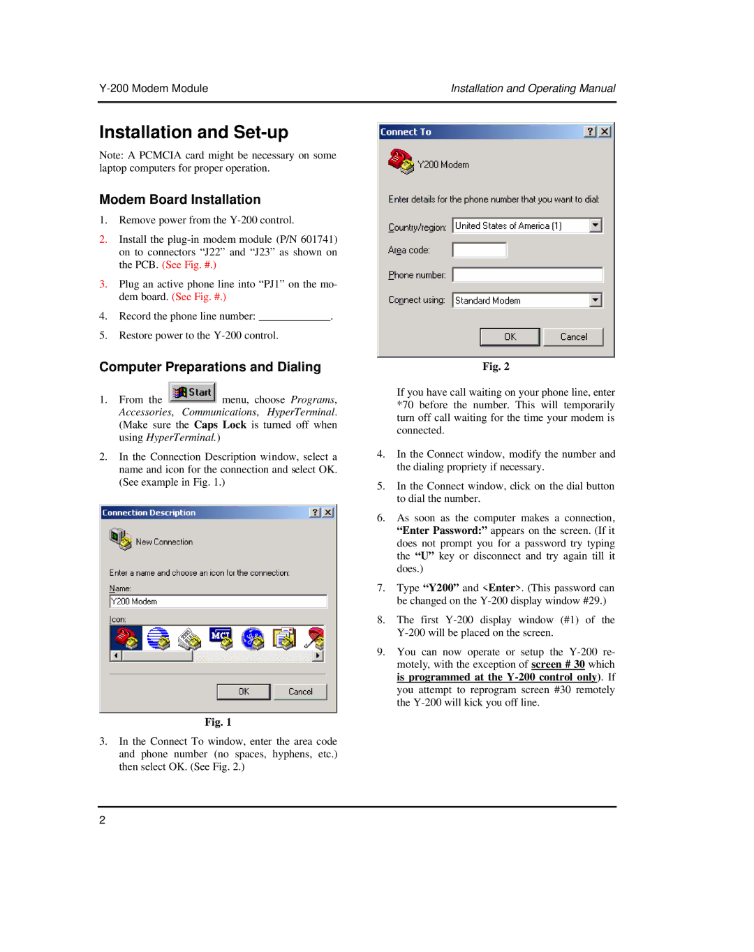 Raypak Y-200 manual Installation and Set-up, Modem Board Installation, Computer Preparations and Dialing 