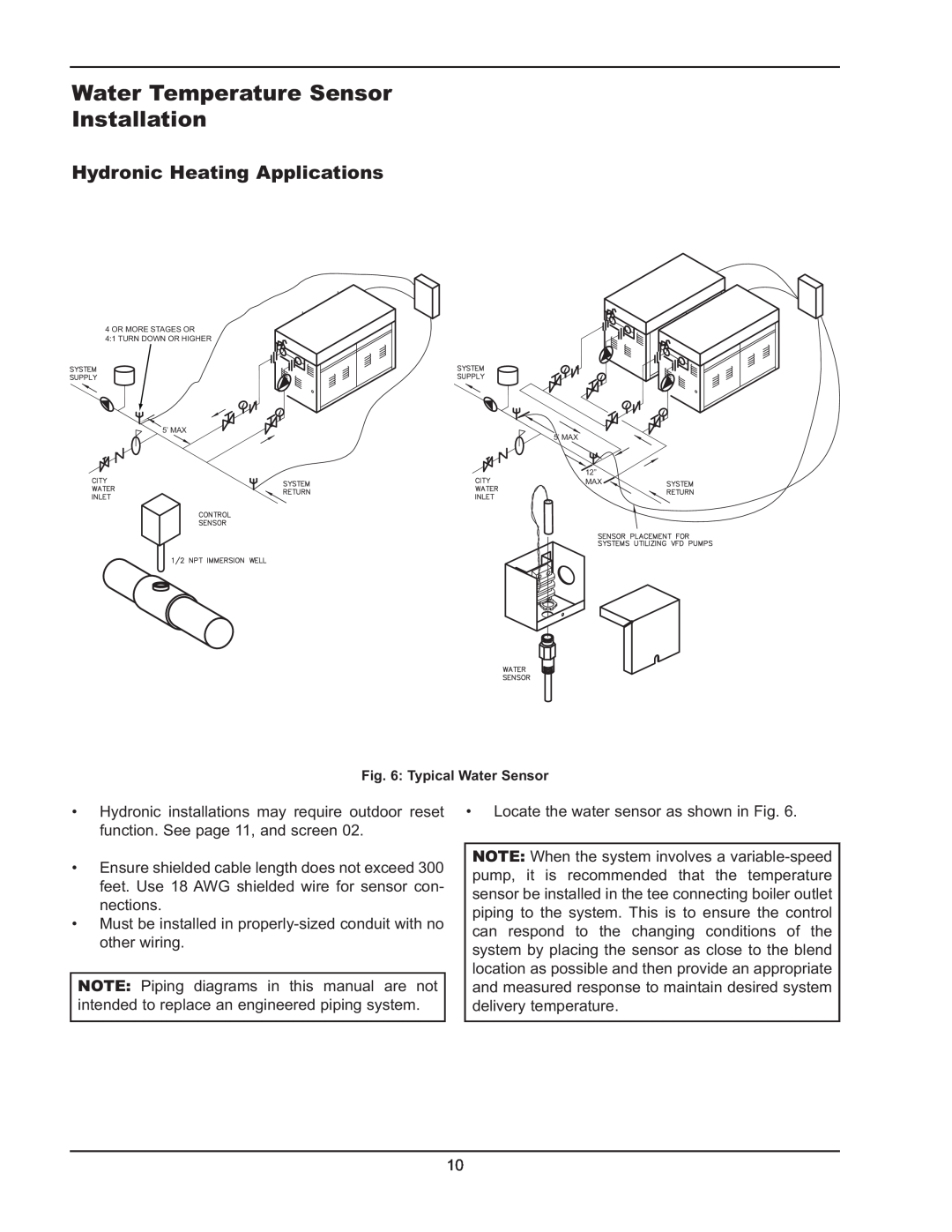 Raypak Y-200 manual Water Temperature Sensor Installation, Hydronic Heating Applications 