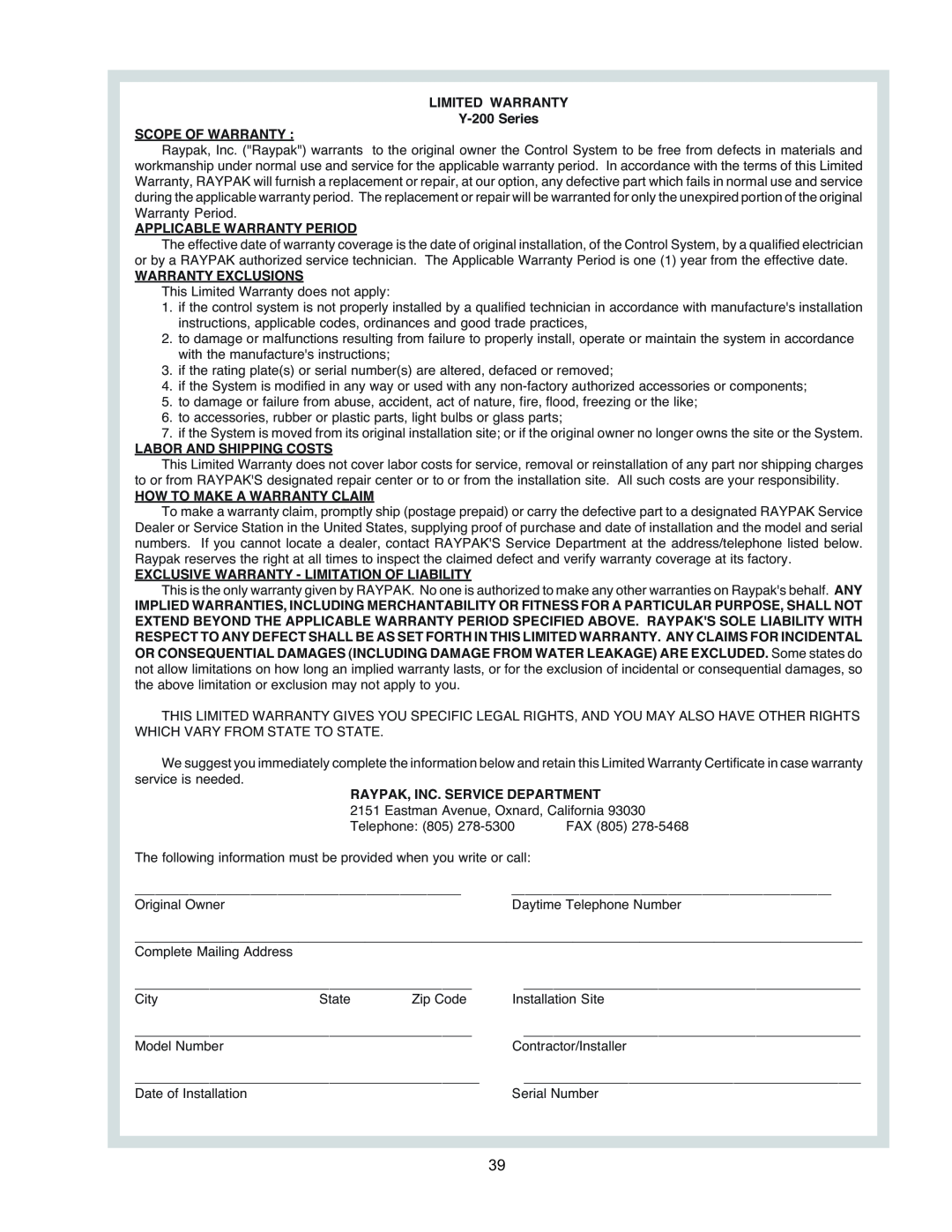 Raypak manual LIMITED WARRANTY Y-200Series SCOPE OF WARRANTY, Applicable Warranty Period, Warranty Exclusions 