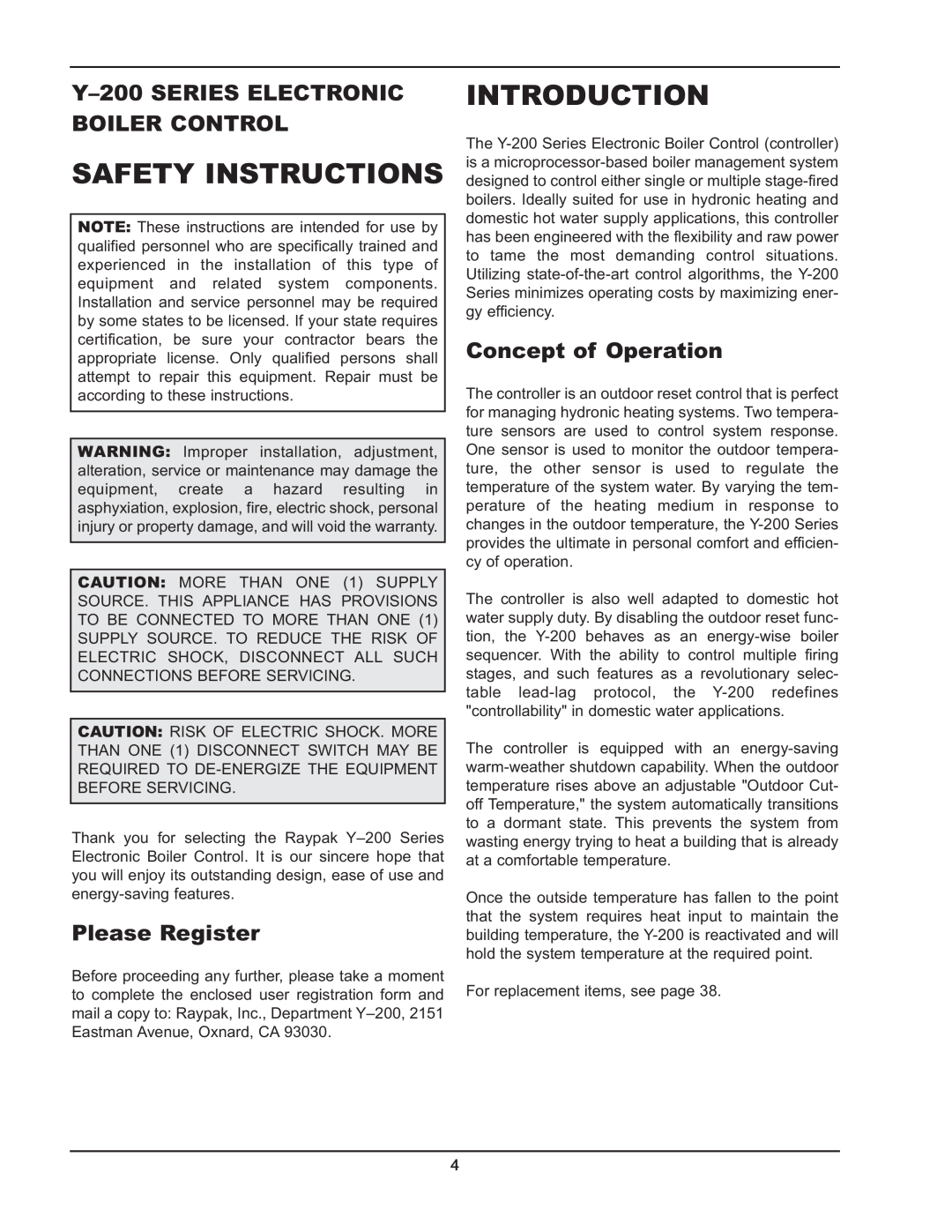 Raypak Y-200 manual Safety Instructions, Introduction, Please Register, Concept of Operation 