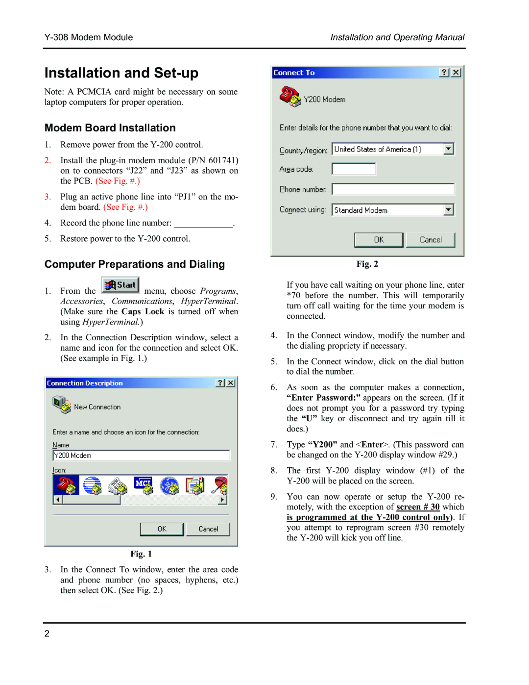 Raypak Y-308 manual Installation and Set-up, Modem Board Installation, Computer Preparations and Dialing 