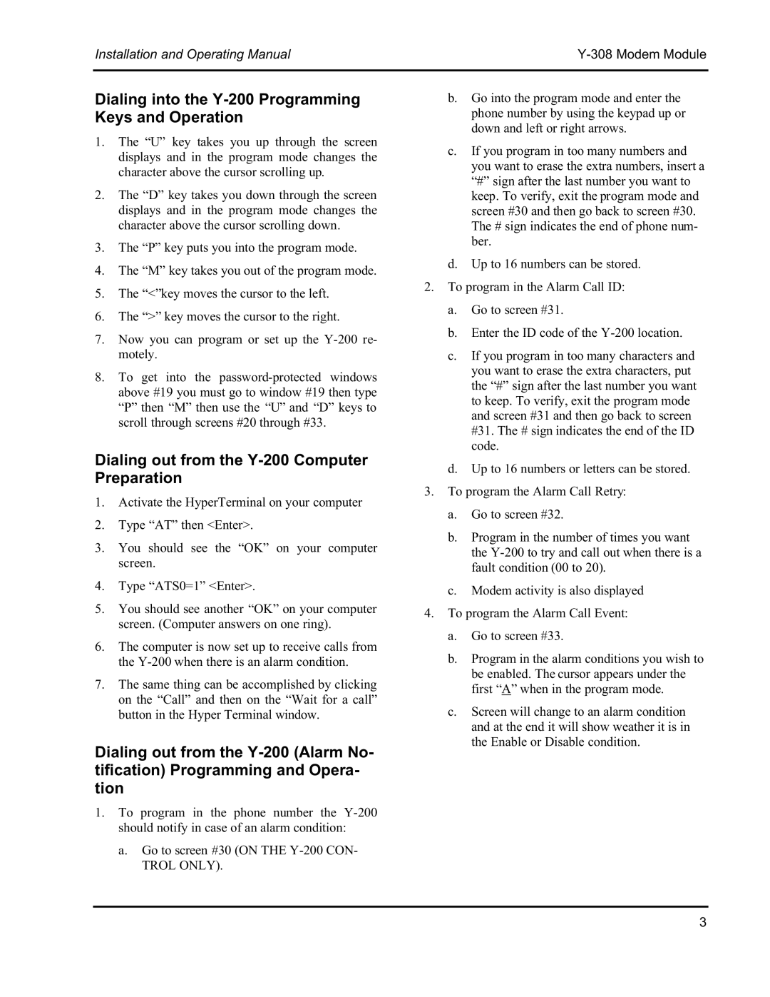 Raypak Y-308 manual Dialing into the Y-200 Programming Keys and Operation, Dialing out from the Y-200 Computer Preparation 