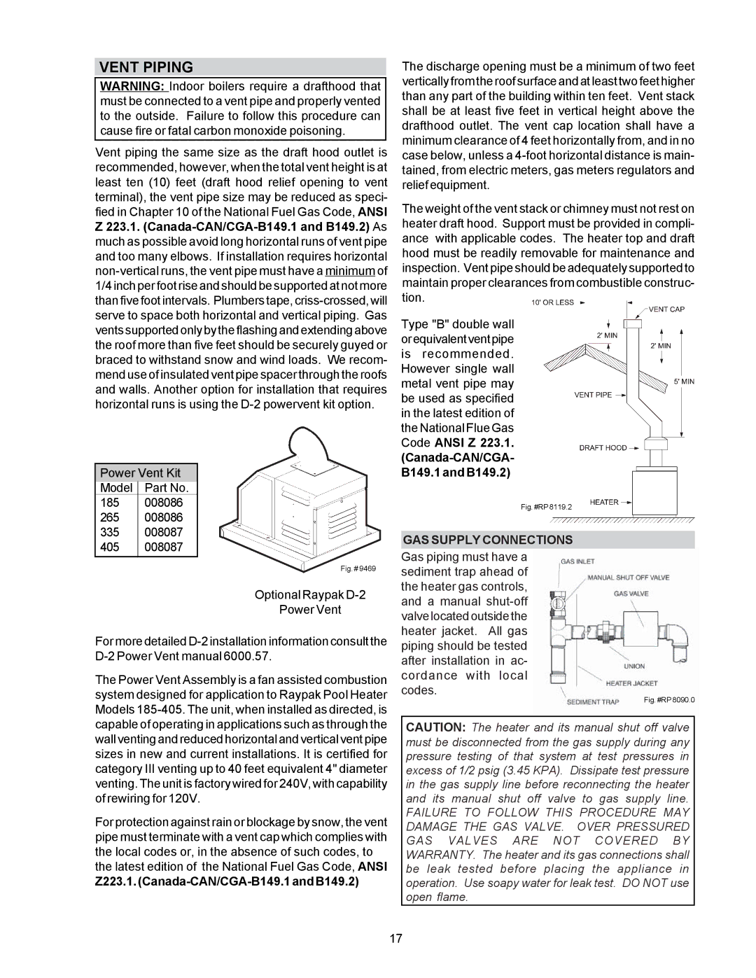 Raypak P-R185B To P-R405B, C-R185B To P-R405B, P-R185BL To P-R405BL, C-R185BL To C-R405BL, RP2100 manual Vent Piping 