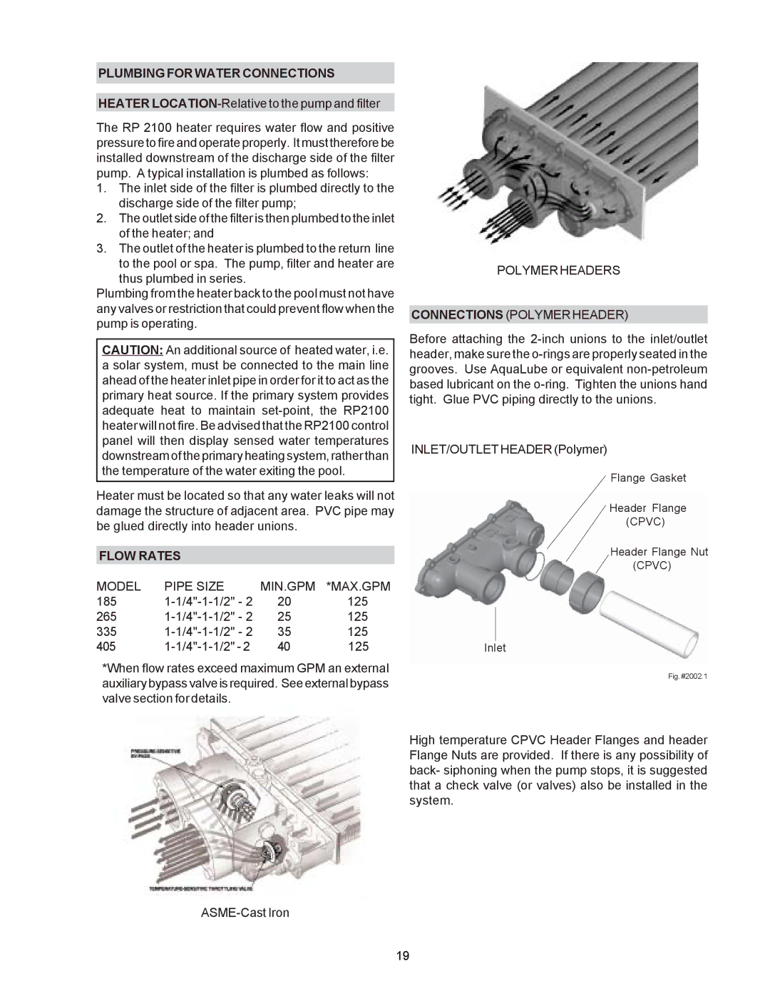 Raypak P-R185B To P-R405B, C-R185B To P-R405B, P-R185BL To P-R405BL, C-R185BL To C-R405BL, RP2100 manual Flow Rates 