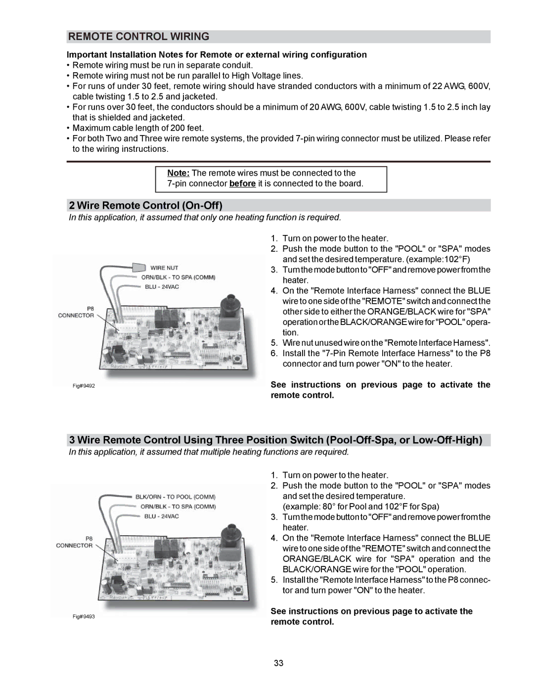 Raypak P-R185B To P-R405B, C-R185B To P-R405B, P-R185BL To P-R405BL, C-R185BL To C-R405BL, RP2100 Remote Control Wiring 