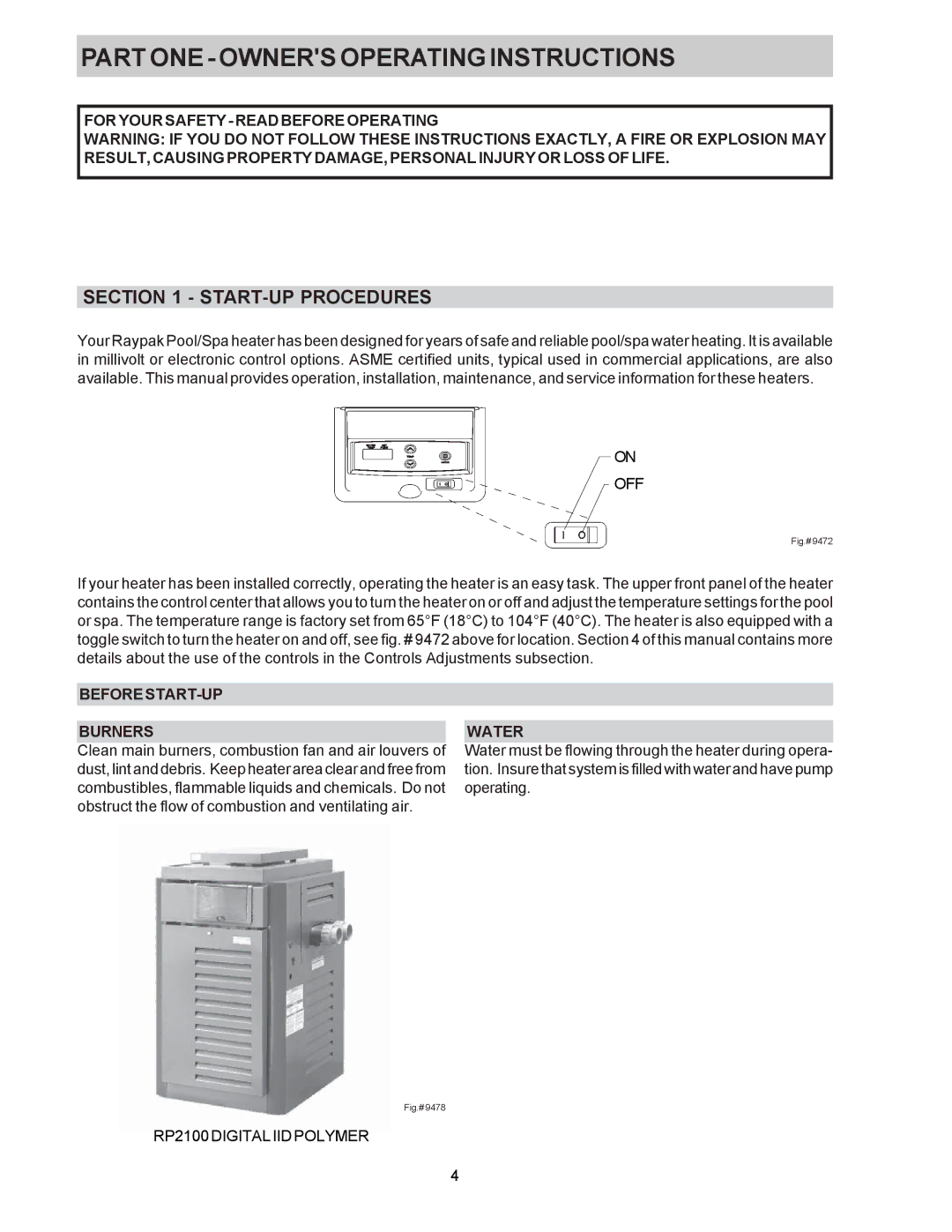 Raypak P-R185B To P-R405B, C-R185B To P-R405B, P-R185BL To P-R405BL, C-R185BL To C-R405BL, RP2100 START-UP Procedures 