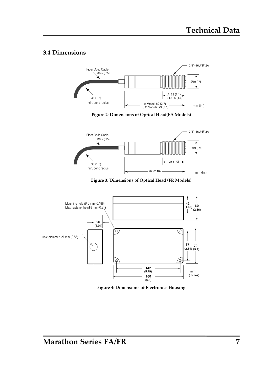 RayTek FR operating instructions Dimensions of Optical HeadFA Models 