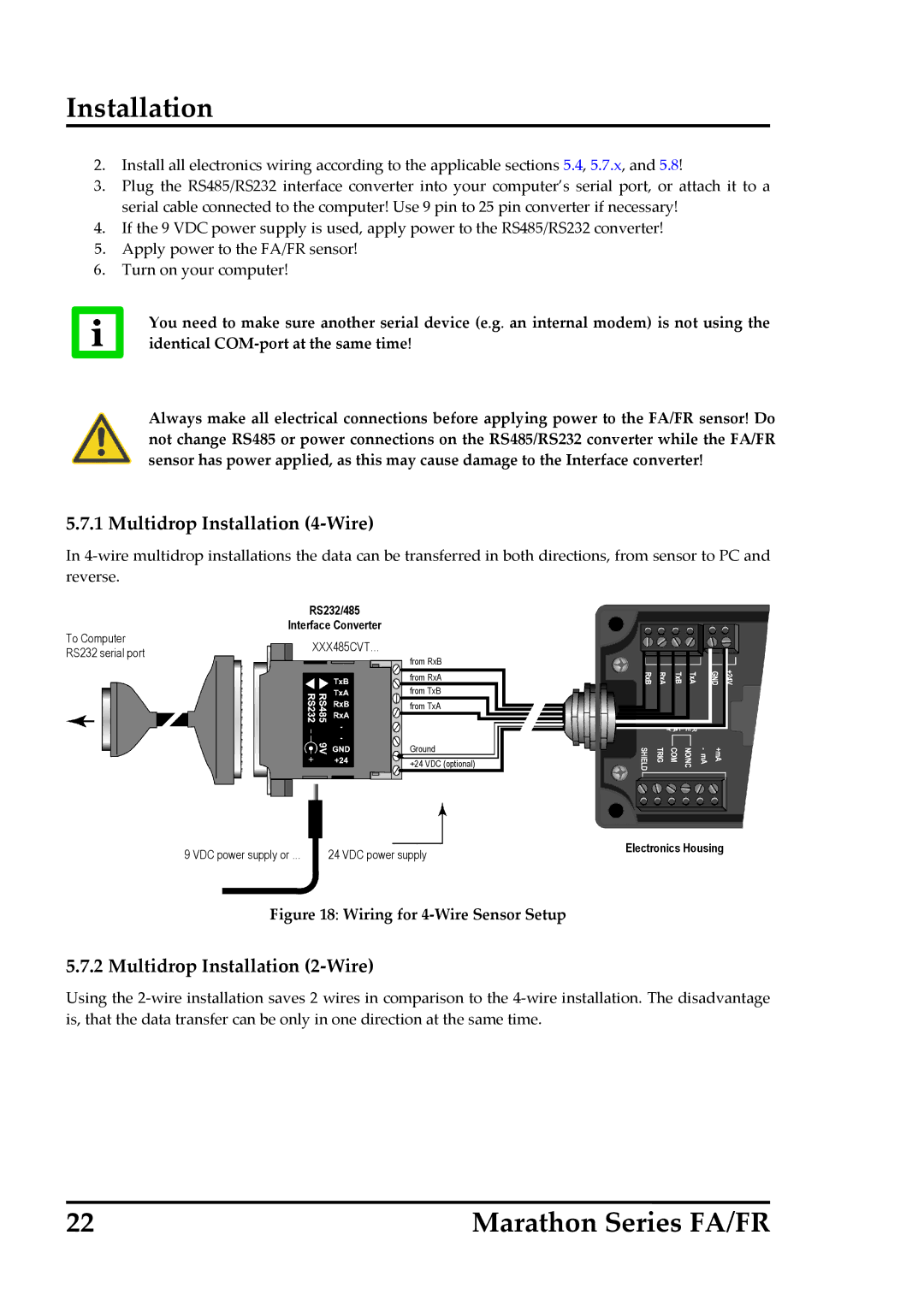 RayTek FR, FA operating instructions Multidrop Installation 4‐Wire, Multidrop Installation 2‐Wire 