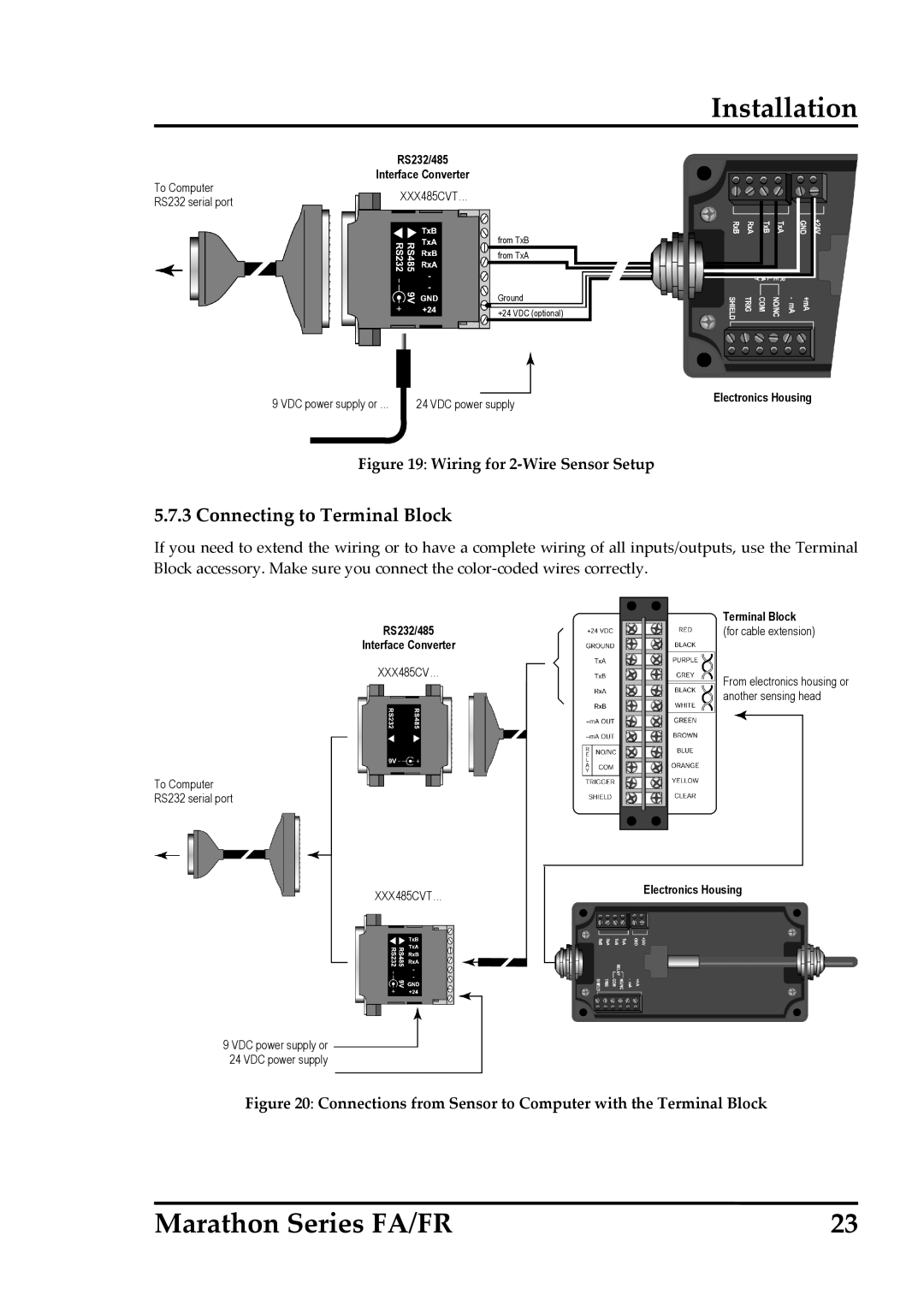 RayTek FA, FR operating instructions Connecting to Terminal Block, Wiring for 2‐Wire Sensor Setup 