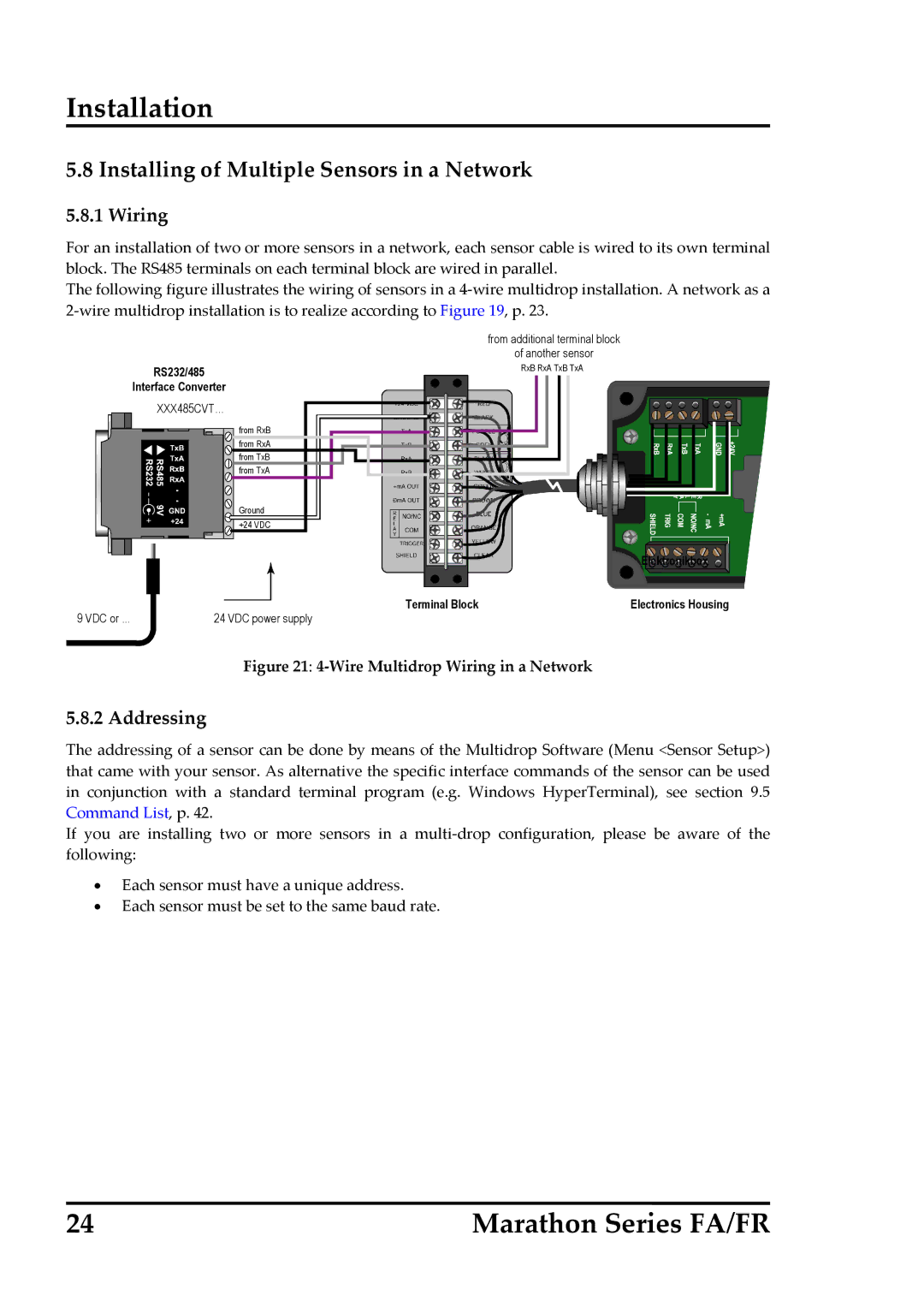 RayTek FR, FA operating instructions Installing of Multiple Sensors in a Network, Wiring, Addressing 