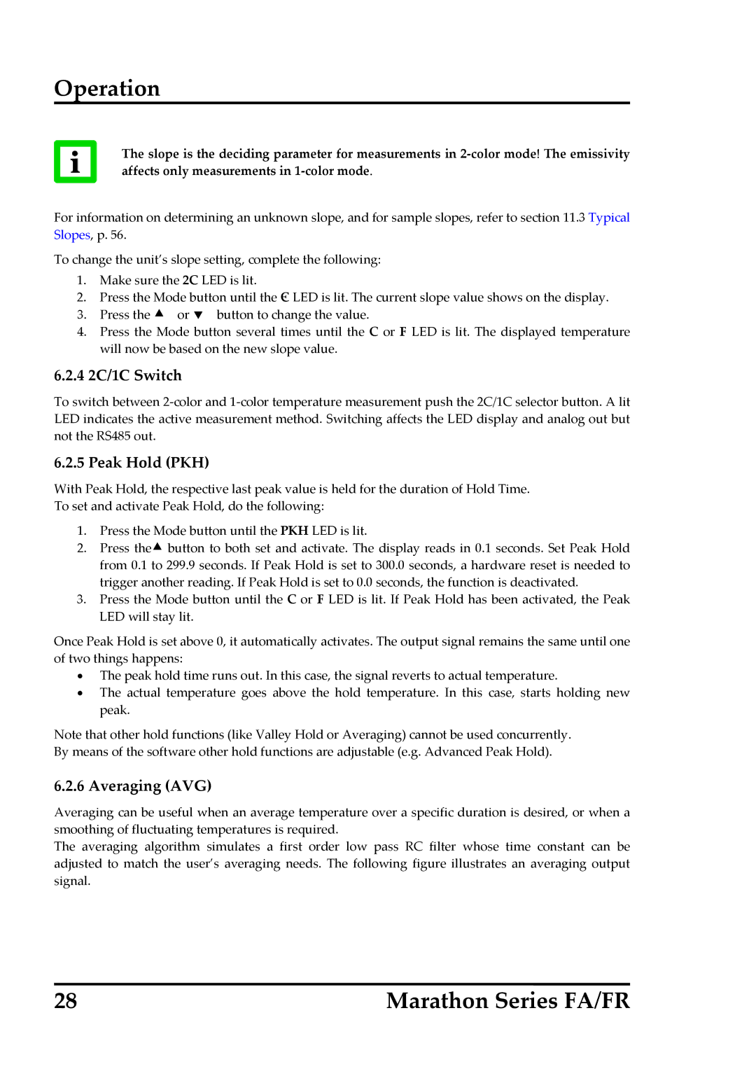 RayTek FR, FA operating instructions 4 2C/1C Switch, Peak Hold PKH, Averaging AVG 