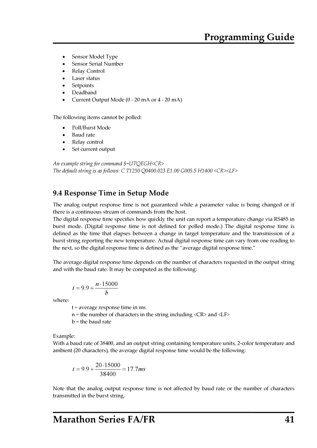 RayTek FA, FR operating instructions Response Time in Setup Mode, = + n ⋅15000 