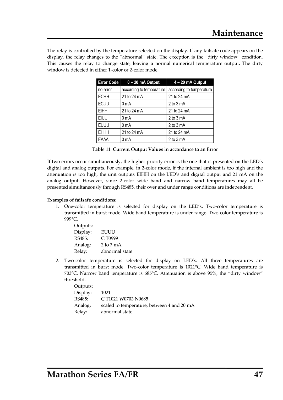 RayTek FA, FR operating instructions Current Output Values in accordance to an Error, Examples of failsafe conditions 