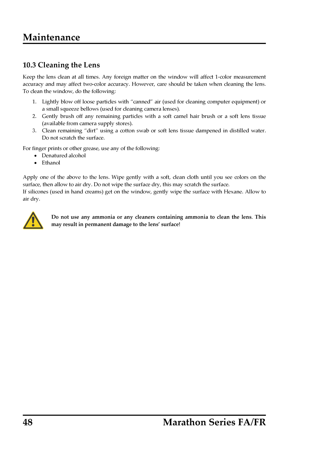 RayTek FR, FA operating instructions Cleaning the Lens 