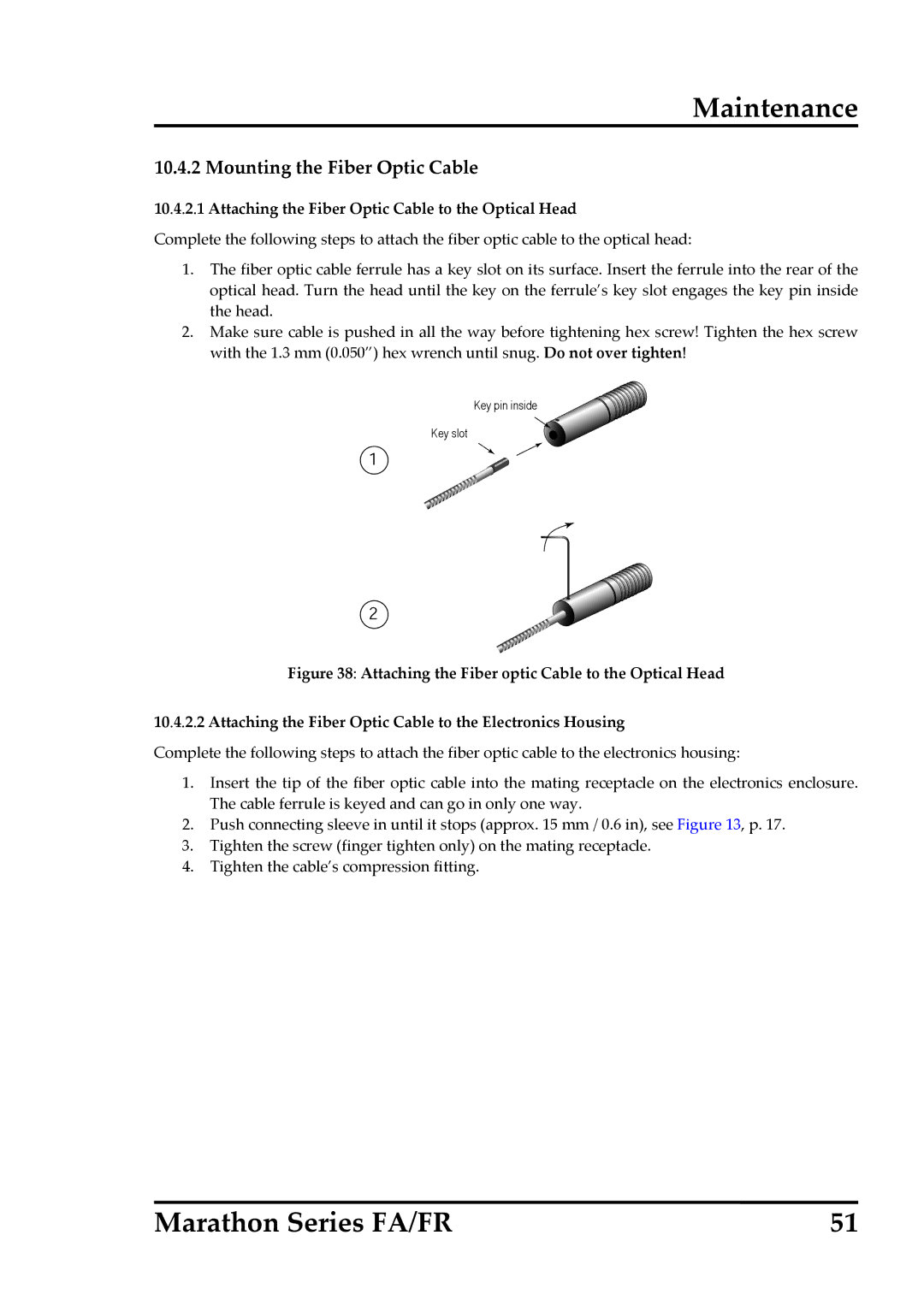 RayTek FA, FR operating instructions Mounting the Fiber Optic Cable, Attaching the Fiber Optic Cable to the Optical Head 