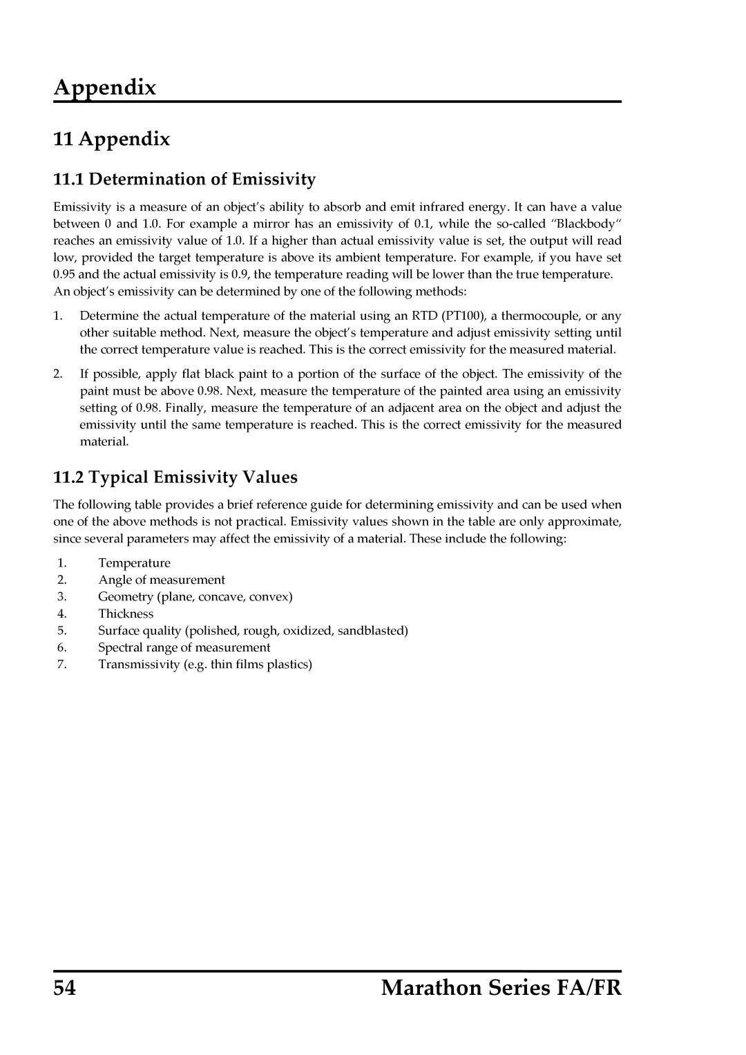 RayTek FR, FA operating instructions Appendix, Determination of Emissivity, Typical Emissivity Values 