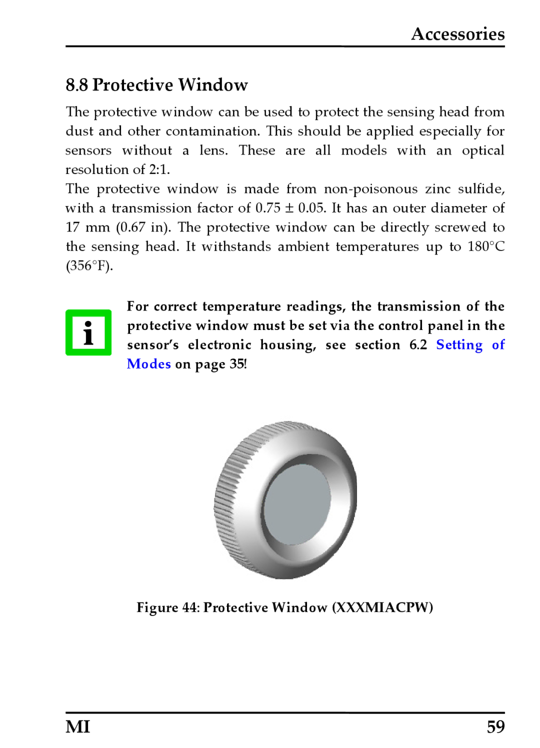 RayTek MI Miniature Infrared Sensor operating instructions Accessories Protective Window, Protective Window Xxxmiacpw 