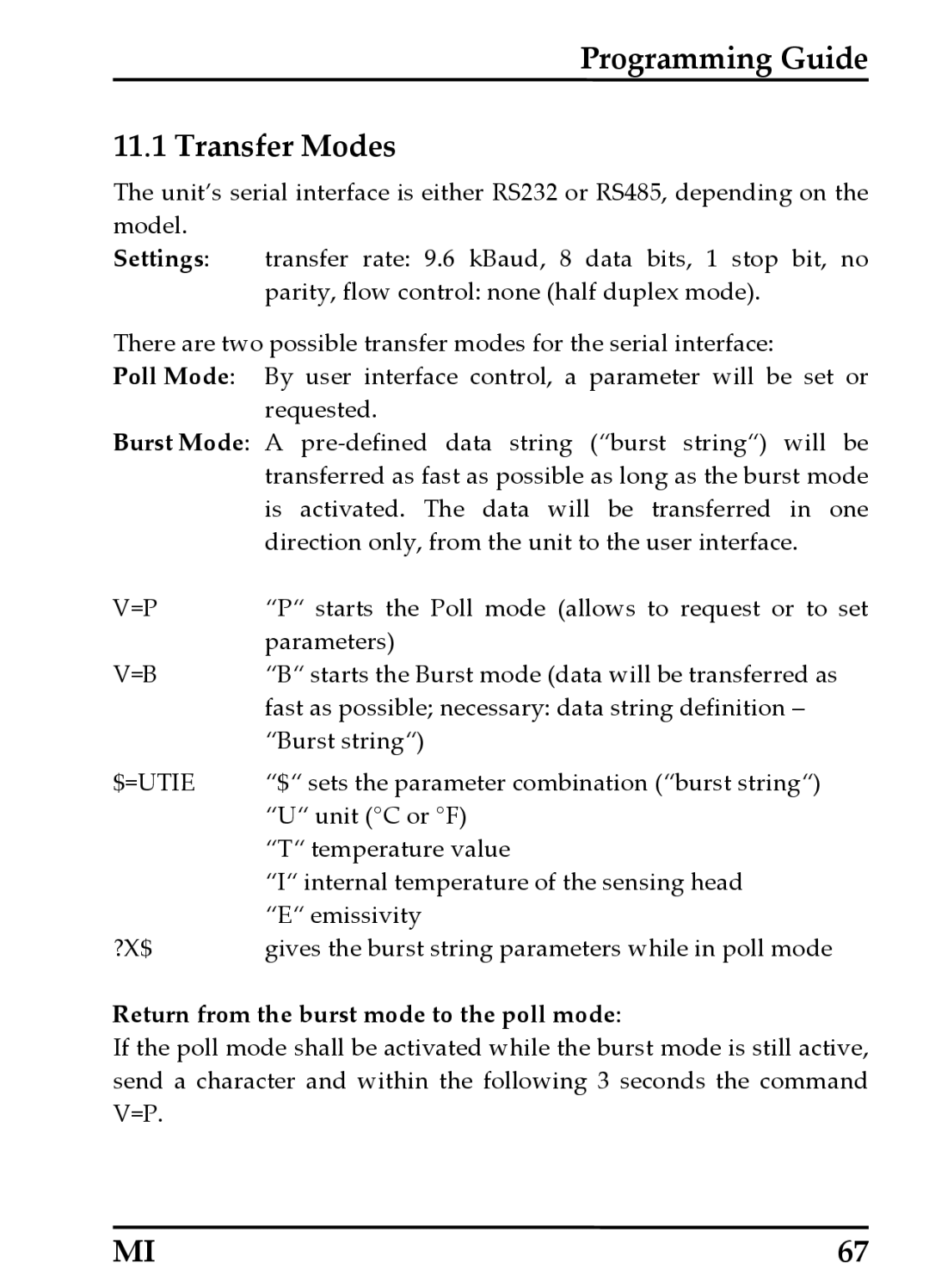 RayTek MI Miniature Infrared Sensor operating instructions Programming Guide Transfer Modes, Settings 