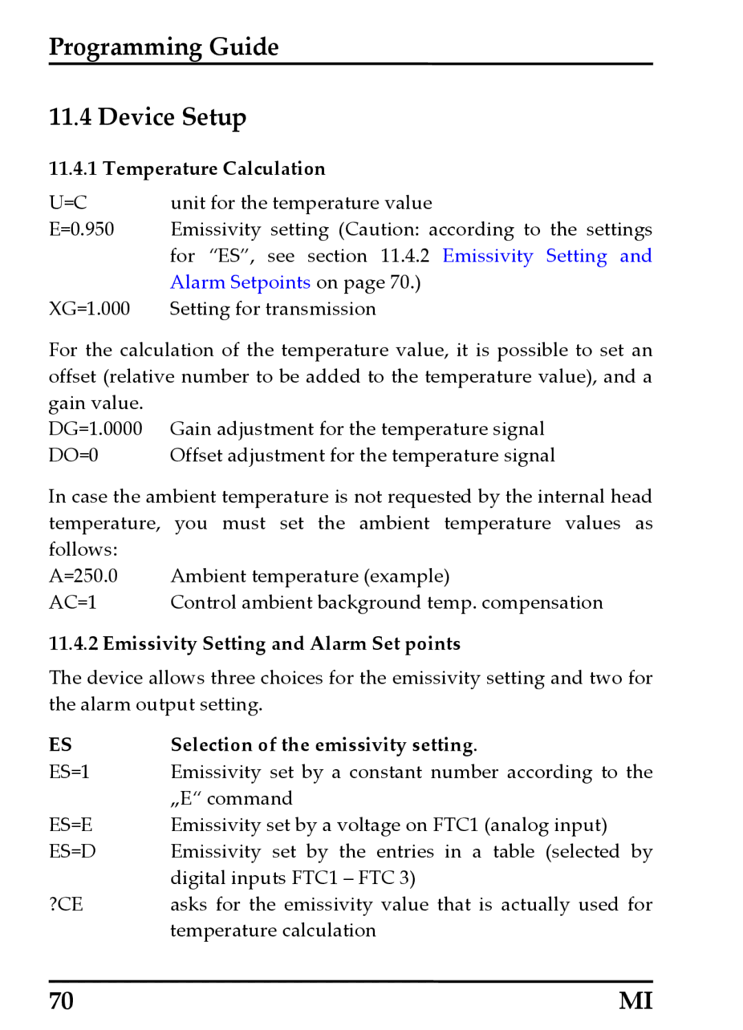 RayTek MI Miniature Infrared Sensor operating instructions Programming Guide Device Setup, Temperature Calculation 