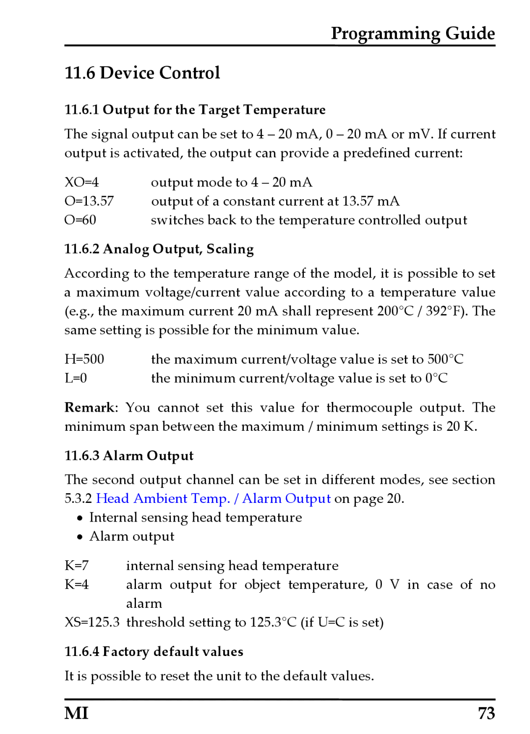 RayTek MI Miniature Infrared Sensor Programming Guide Device Control, Output for the Target Temperature, Alarm Output 