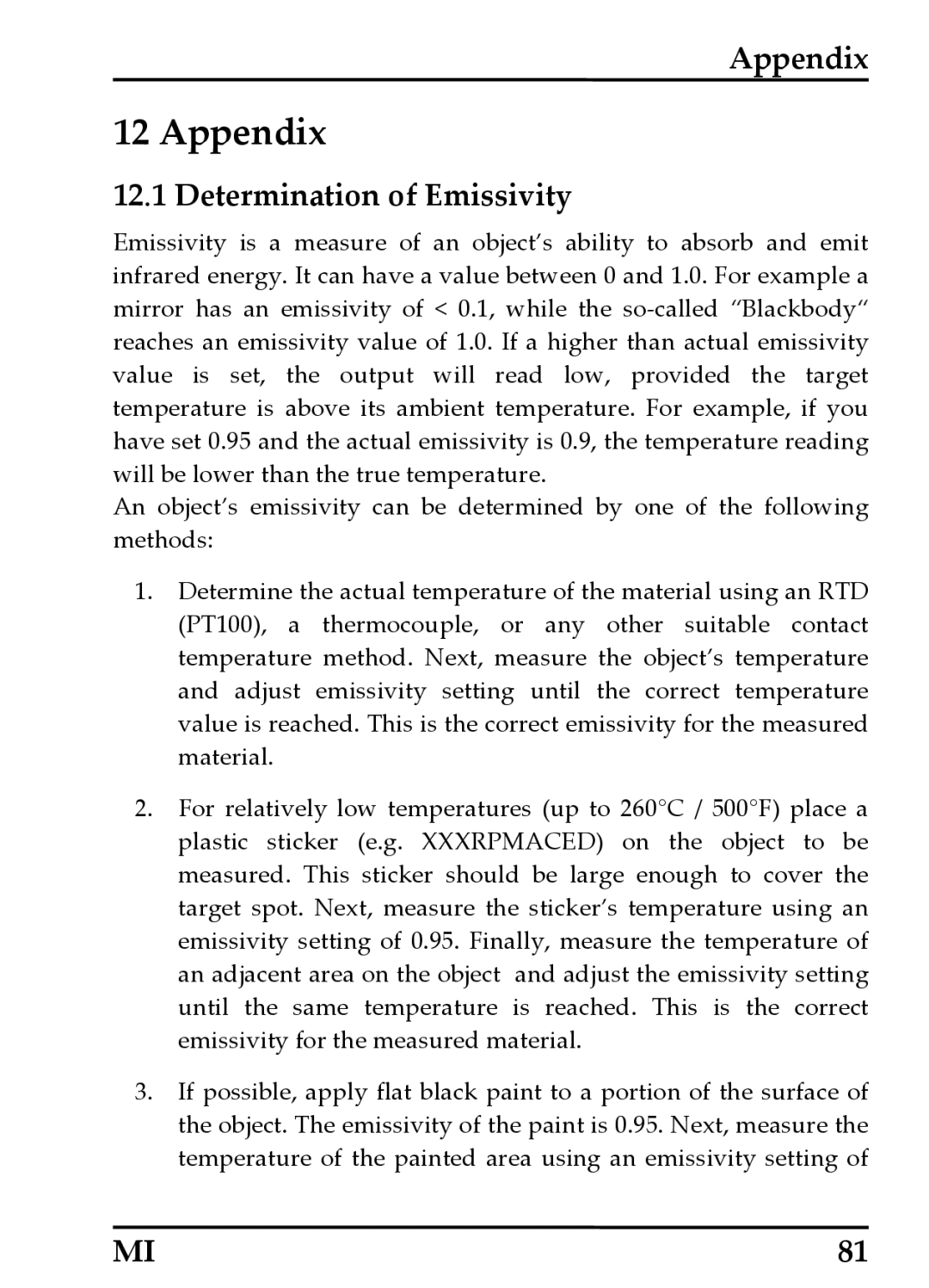 RayTek MI Miniature Infrared Sensor operating instructions Appendix, Determination of Emissivity 