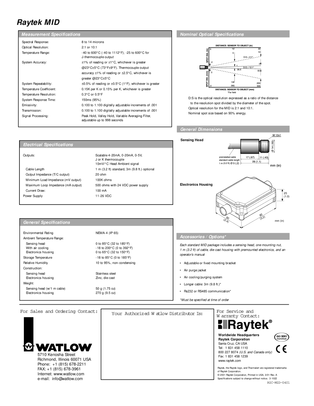 RayTek MID manual Measurement Specifications, Electrical Specifications, Nominal Optical Specifications, General Dimensions 