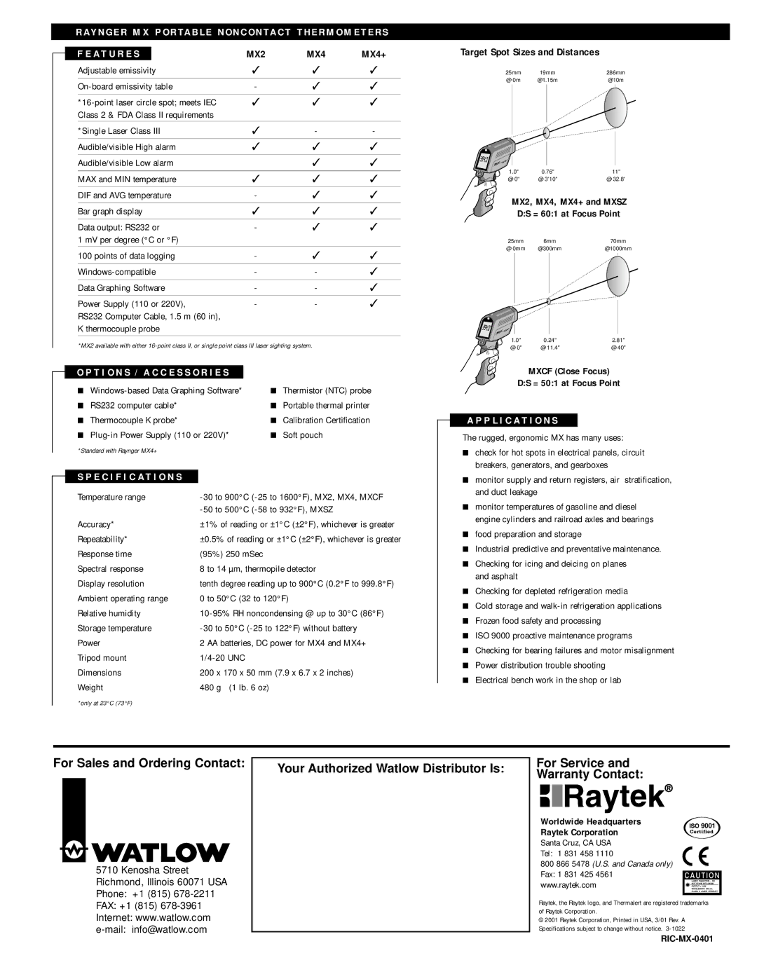 RayTek MX Series manual Specification S, P L I C a T I O N S 