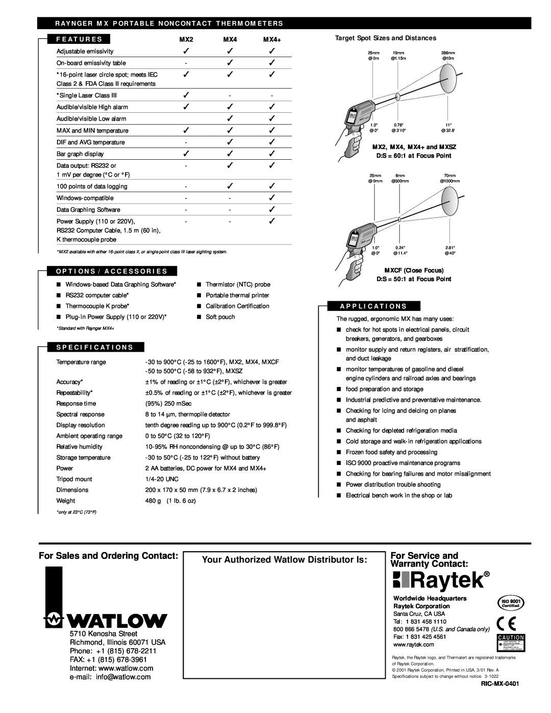 RayTek MX Series For Sales and Ordering Contact, Your Authorized Watlow Distributor Is, For Service and Warranty Contact 