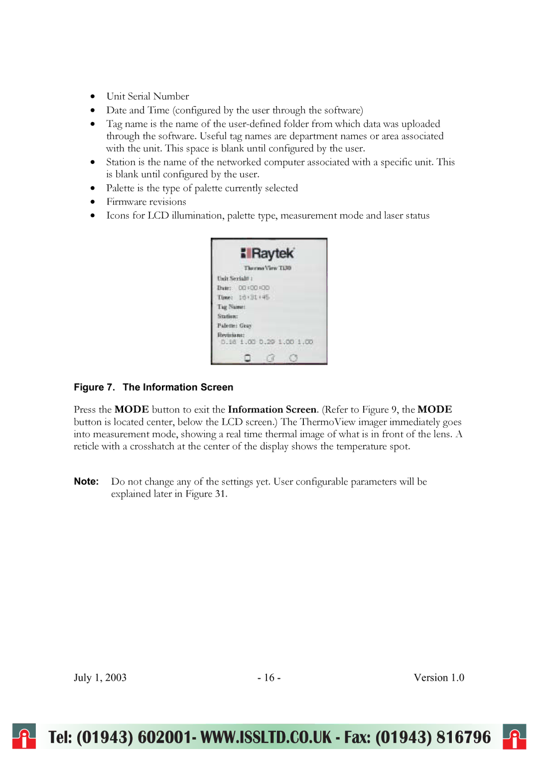 RayTek ThermoView Ti30 user manual Information Screen 