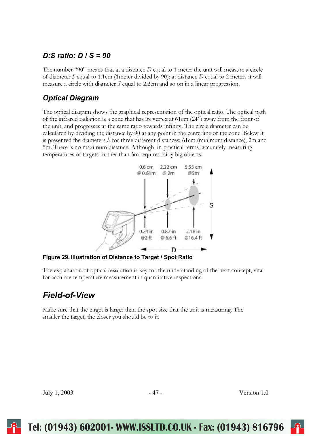 RayTek ThermoView Ti30 user manual Field-of-View, DS ratio D / S =, Optical Diagram 