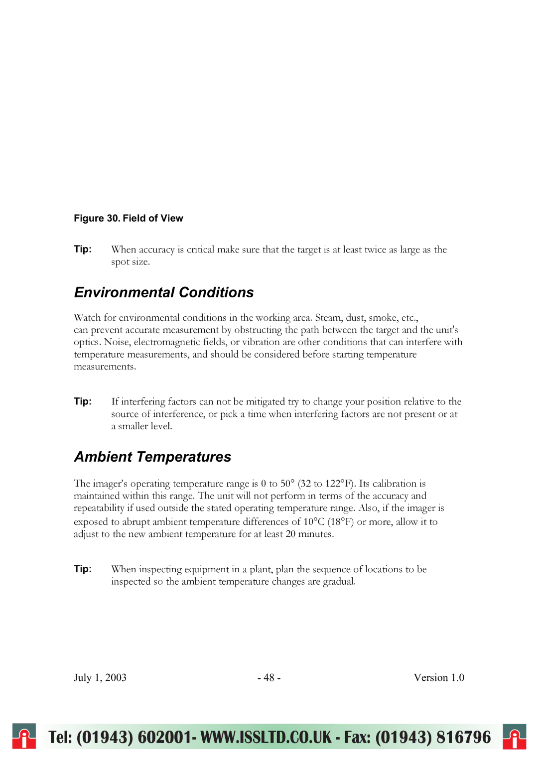 RayTek ThermoView Ti30 user manual Environmental Conditions, Ambient Temperatures 